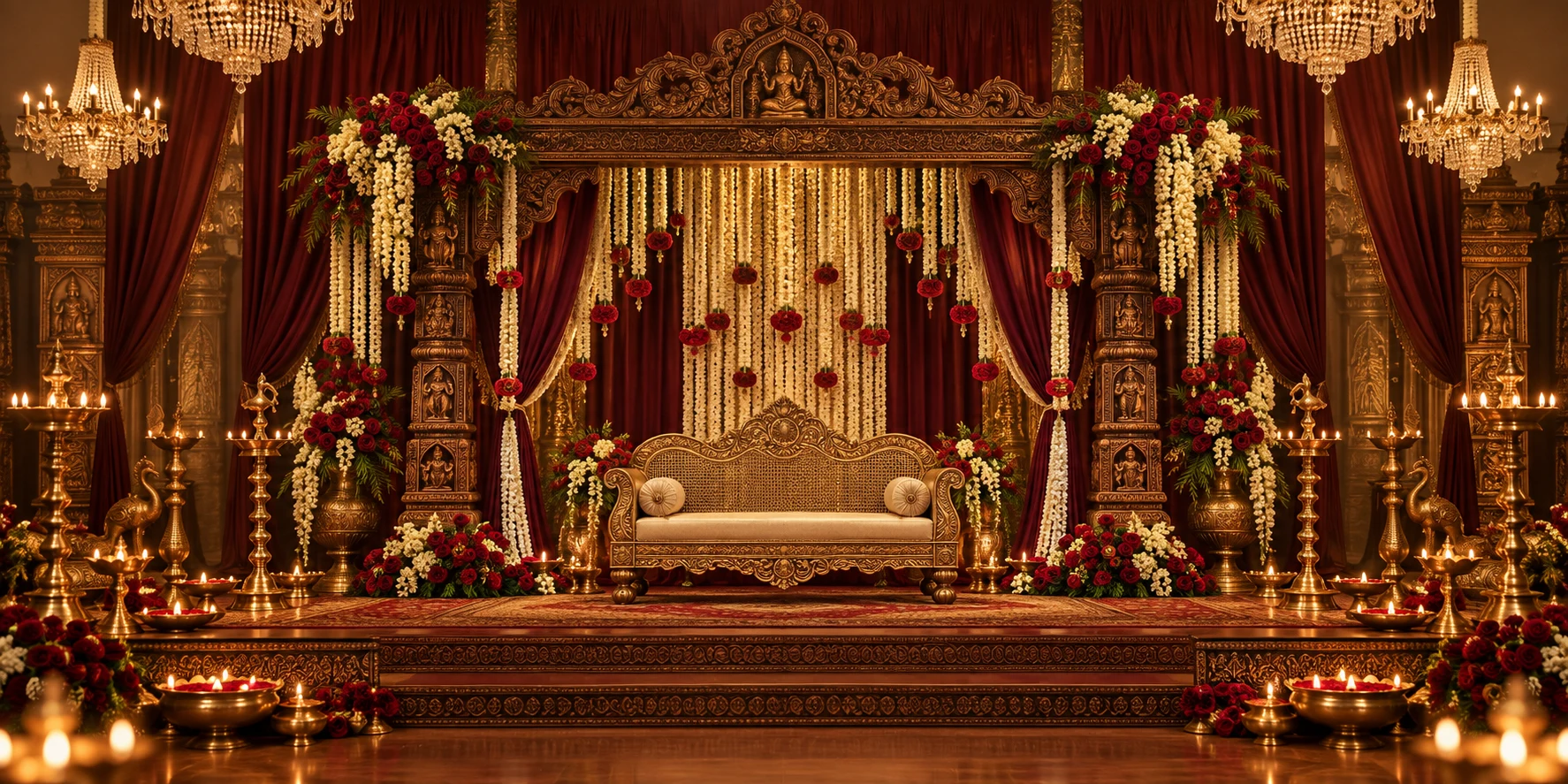 An elegant reception stage with flowers and warm golden lighting