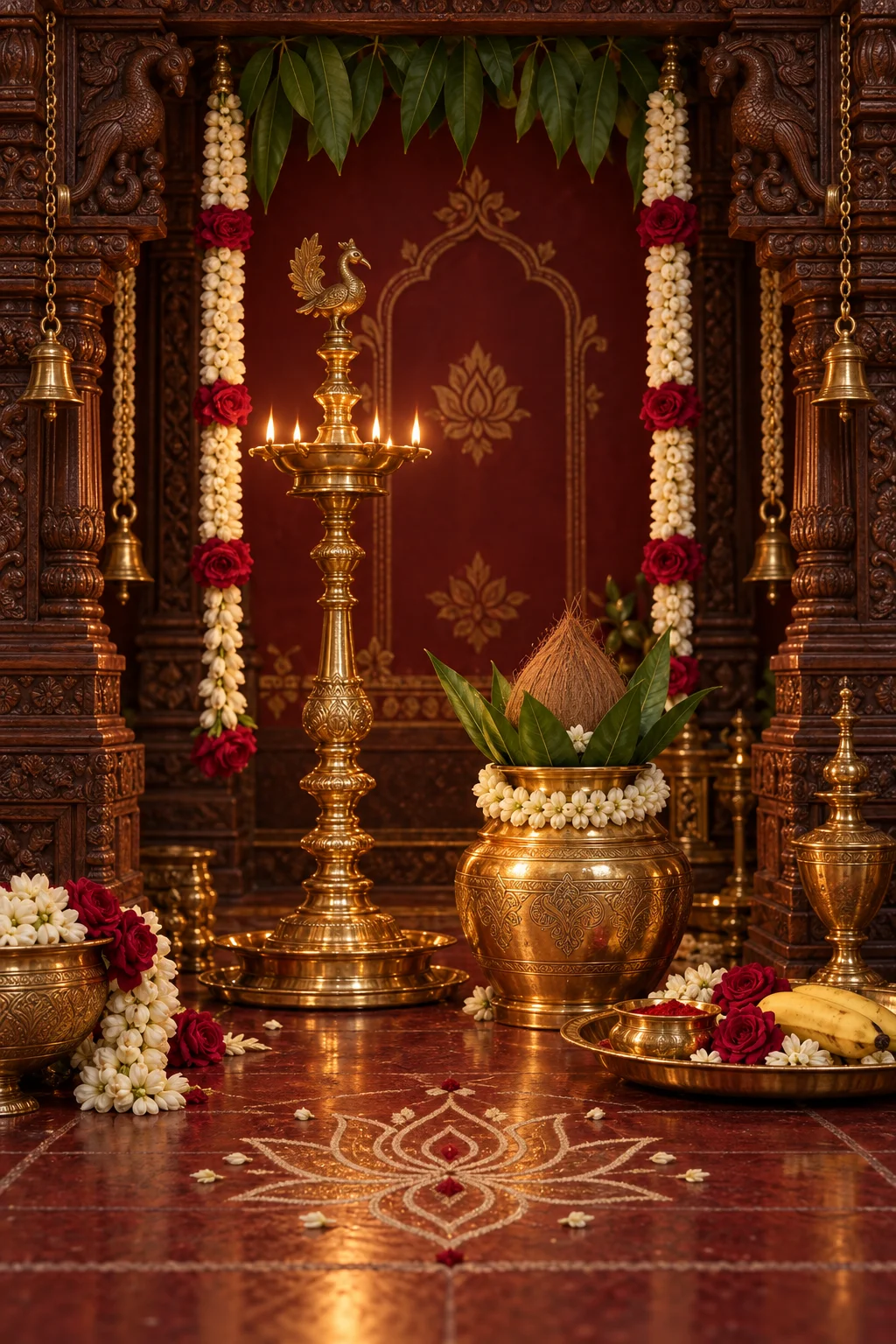 Brass wedding lamp, jasmine flowers and a ceremonial kalash in a carved temple alcove